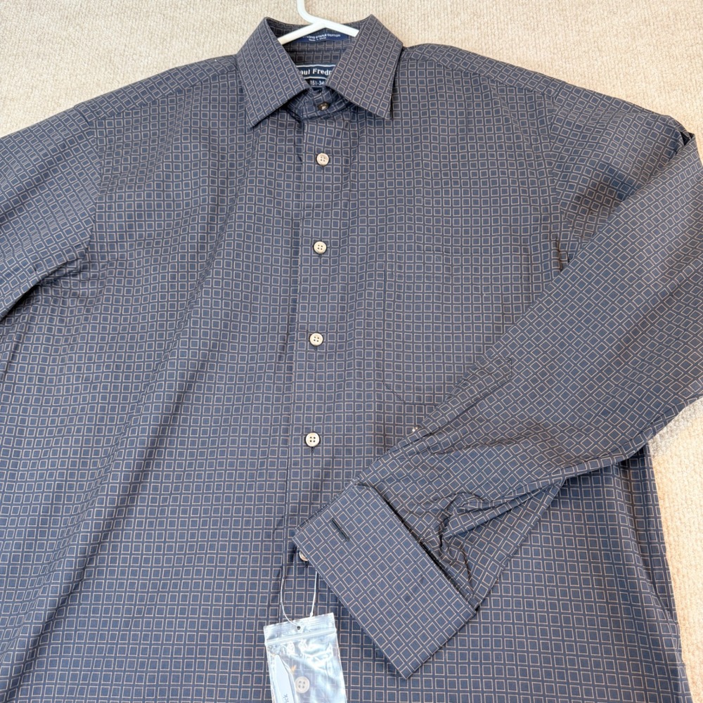 Paul‎ Fredrick Mens Dress Shirt 15.5 34 Navy Blue Geometric Cotton Square Print